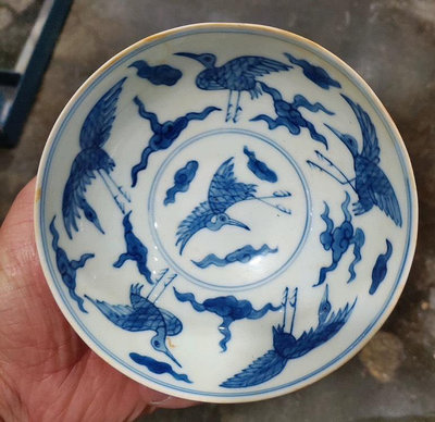 明代大明成化年制青花鶴云紋陶瓷薄胎碗名稱：瓷