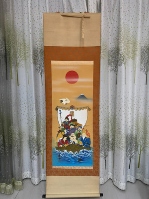 日本名家 靜雲作 手繪 七福神寶船 卷軸畫 字畫，有真筆證明
