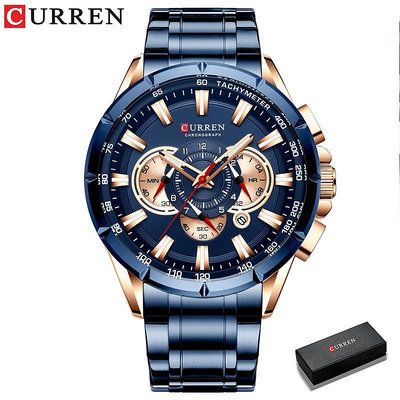 Curren 奢侈品牌男士手錶藍色石英手錶運動計時時鐘男不銹鋼錶帶時尚商務 8363
