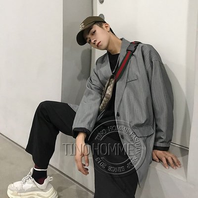 《TINO HOMME》2019春夏新款日韓版日系OVERSIZE翻領寬鬆條紋西裝外套