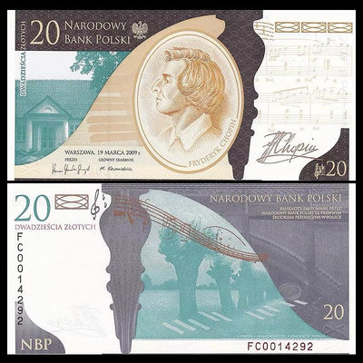 全新UNC 波蘭20茲羅提紀念鈔 2009年肖邦誕辰200周年 P-181 錢幣 紙幣 紙鈔【悠然居】337