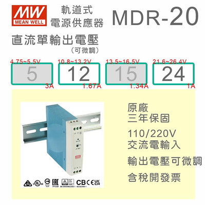 【保固附發票】MW 明緯 20W 導軌式電源 MDR-20-12 12V 24 24V 鋁軌 變壓器 驅動器 AC-DC