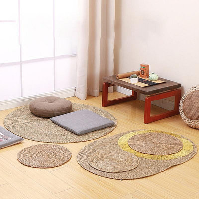 地墊水草手工編織地毯榻榻米草編圓形地墊客廳臥室床邊毯攝影道具