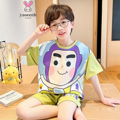 【YAOEENH】95-155CM 兒童睡衣 韓版男童純棉薄款透氣短袖短褲 卡通家居服套裝