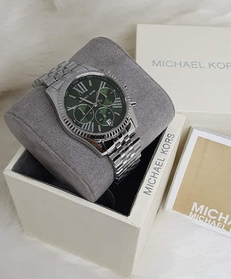 MICHAEL KORS Lexington 綠色面錶盤 銀色不鏽鋼錶帶 石英 三眼計時 女士手錶 MK6222