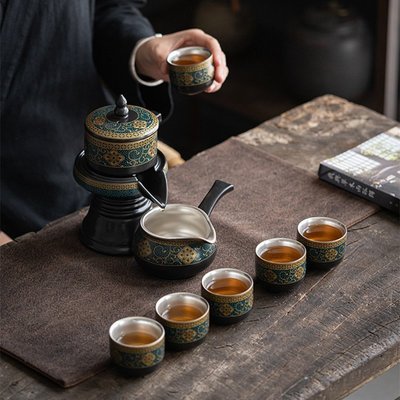 現貨~新中式客廳鎏銀自動茶具套裝時來運轉陶瓷功夫茶具創意~特價家用 便攜 日系