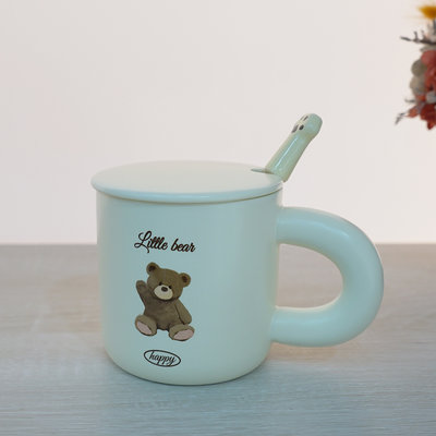 【P.R. CAFE】Just Home｜麵包熊馬克杯360ml(附蓋、湯匙) 咖啡杯 水杯 茶杯 陶瓷