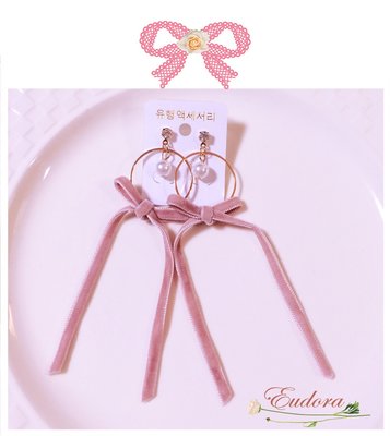 [韓國空運]現貨*甜美粉蝴蝶結造型鑲鑽珍珠耳環