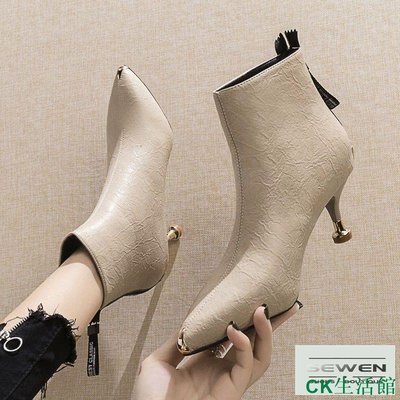 CK生活館熱賣~【】短靴女2022新款馬丁靴短筒裸靴尖頭高跟鞋細跟靴