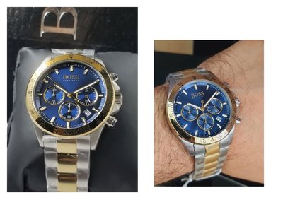 HUGO BOSS 金色配藍色錶盤 金色配銀色不鏽鋼錶帶 石英 三眼計時 男士手錶1513767