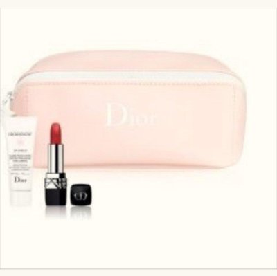 Dior 迪奧 藍星唇膏 迷你版 色號 999+超級夢幻美肌萃 + 粉紅色長方形化妝包 旅行組