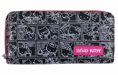 【卡漫迷】 微瑕疵出清 Hello Kitty 長夾 漫畫滿版 黑 ㊣版 日版 拉鏈 皮革 皮夾 仿皮 零錢包 凱蒂貓