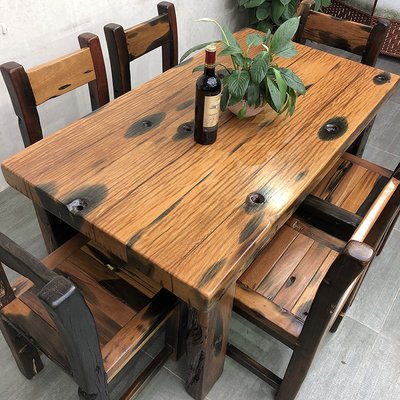 老船木餐桌椅組合原木餐桌新中式戶外長方形實木飯店家用吃飯桌子 真真啊