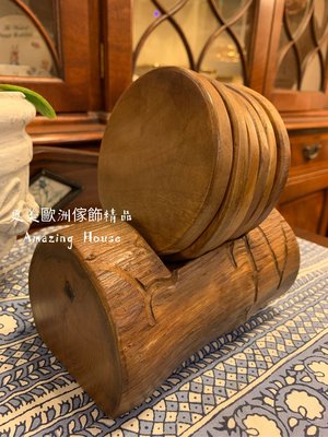 🌲自然原木柚木圓杯墊組 7件 手工木雕【更美歐洲傢飾精品Amazing House】台南