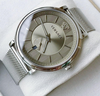 VERSACE V-Circle 銀色錶盤 銀色不鏽鋼編織錶帶 石英 男士手錶 VBQ060017