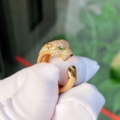 HANNA精品Cartier卡地亞 豹子頭戒指 經典款 18K黃金祖母綠鉆石戒指 N4765800 現貨