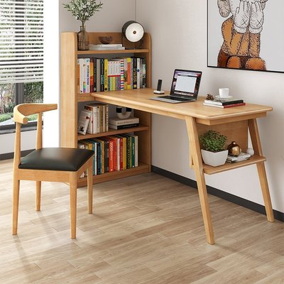實木書桌書架一體組合轉角電腦桌現代簡約家用學生學習桌書房桌子~特價