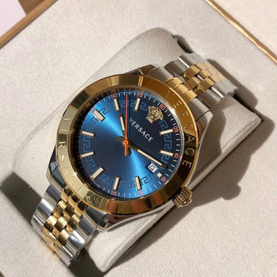 VERSACE Hellenyium 金色框 藍色面錶盤 金色配銀色不鏽鋼錶帶 石英 男士手錶 VEVK00520