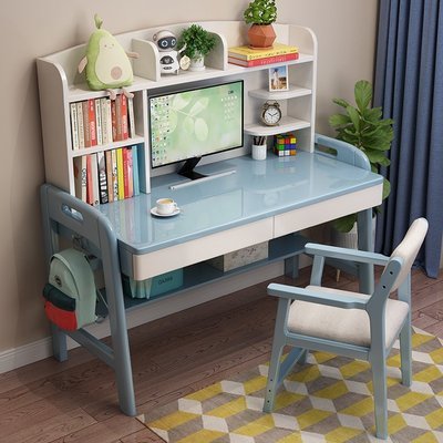 兒童書桌書架一體桌臥室升降寫字桌椅套裝學生簡約家用實木學習桌~特價