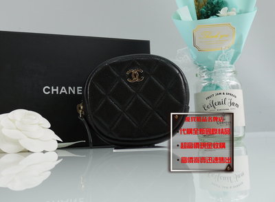 優買二手精品名牌店 CHANEL A68995 黑色荔枝皮 金釦 拉鍊 圓形 零錢包 AIR PODS 收納包殼袋 美品