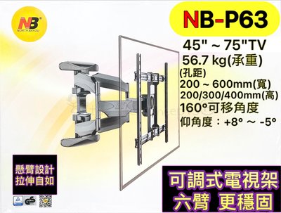 台灣現貨《NB電視架-旋臂型-雙臂NBP63》電視壁掛架 LED電視架 45～75吋適用