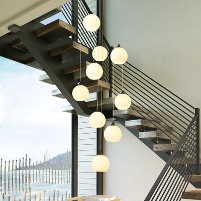 樓梯吊燈飯廳北歐躍層客廳燈服裝店燈飾奶白玻璃球新中式長燈具