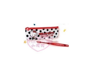 ♥小花凱蒂日本精品♥Hello Kitty凱蒂貓牙刷牙膏組附收納袋 滿版黑點點白色站姿小熊圖 日本製 34023303