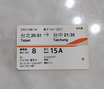 台北到台中 高鐵票根 （每張價）