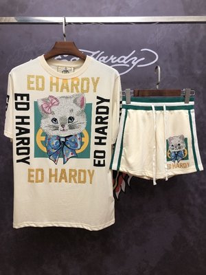 亞軒潮店 潮款現出Ed Hardy 新款印花燙鉆貓咪夏季休閑純棉女士中長款T恤短褲套裝