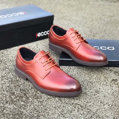 ECCO愛步商務正裝皮鞋男時尚青年舒適黑色德比鞋 紅棕色 38-44碼