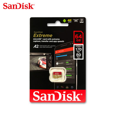 SanDisk 64GB Extreme A2 小卡 UHS-I 傳輸高達 170M 記憶卡(SD-SQXAH-64G)