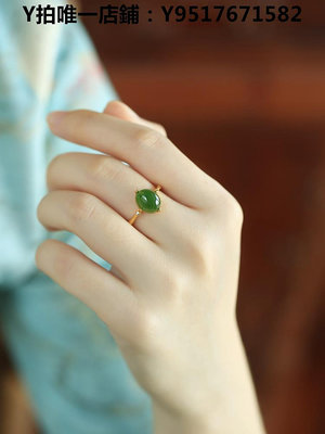 戒指 天然和田玉鴿子蛋面純銀戒指女 輕奢高級感碧玉18k包金玉石綠寶石