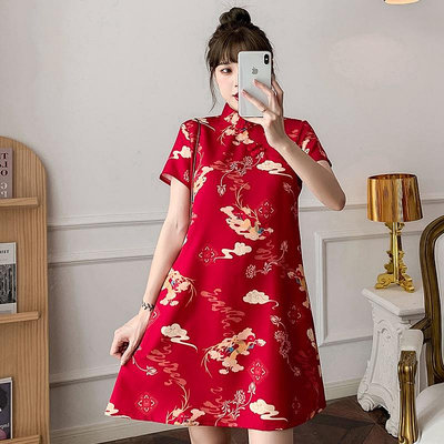 中國風改良式旗袍 復古喜慶大紅色洋裝新款寬鬆大尺碼輕款旗袍