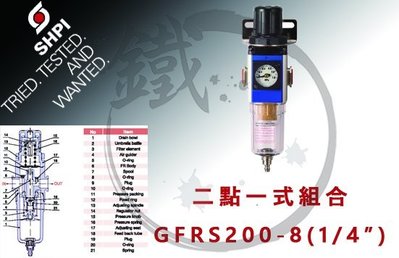 小鐵五金＊台灣製造 善化 SHPI 二點一式組合 GFRS200-8(1/4") 濾水 調壓 空壓機配件