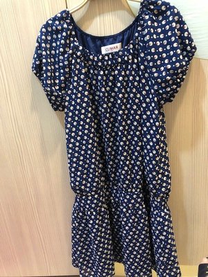 小花別針、百貨專櫃【 cumar】圈圈圖案復古短袖藍色洋裝