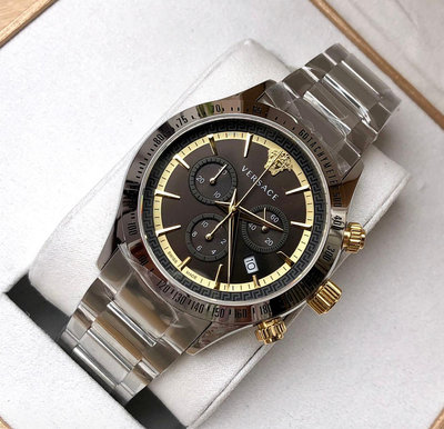 VERSACE Chrono Classic 深棕色錶盤 銀色不鏽鋼錶帶 石英 三眼計時 男士手錶 VEV700419
