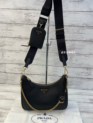 《真愛名牌精品》PRADA 1BH204 Hobo 黑防刮牛 女款三合一斜背包 *全新*代購