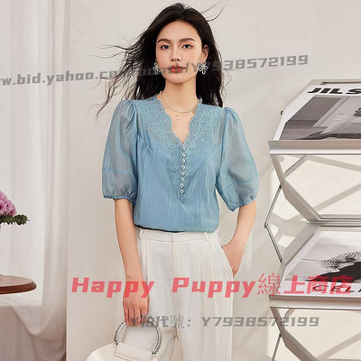 Happy Puppy線上商店~韓國熱銷天絲棉刺繡蕾絲拼接短袖襯衫my524