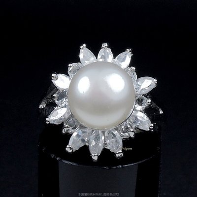 珍珠林~天然真珠戒~天然淡水珍珠馬眼鑽鑲嵌 (內徑18MM.國際戒圍14號) #038+1
