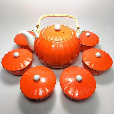 《NATE》懷舊早期日本製【ONO JAPAN陶瓷 橘紅色 日式蓋杯/茶杯/茶碗】南瓜造型 一壺六杯(1茶壺+6杯)一組合售