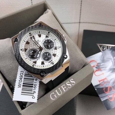 GUESS Legacy 白色面錶盤 黑色橡膠錶帶 石英 男士手錶 W1049G3