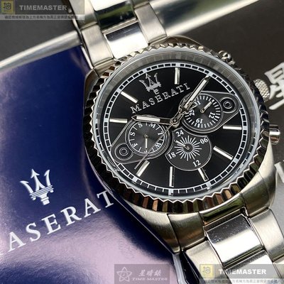 MASERATI手錶,編號R885300010,44mm銀圓形精鋼錶殼,黑色三眼錶面,銀色精鋼錶帶款