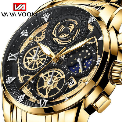 現貨男士手錶腕錶2024年新款日歷男士時尚手錶 鏤空飛輪水鉆防水日月星辰 石英手錶