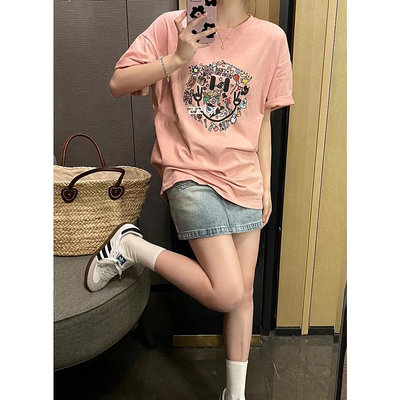『A-bao』純棉!卡通小圖案印花短袖T恤女 韓版寬鬆圓領上衣 加大尺碼OVERSIZE衣服女