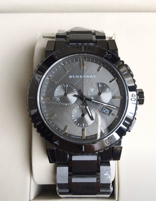 BURBERRY 立體格紋錶盤 陶瓷錶帶 石英 三眼計時 男士手錶BU9381