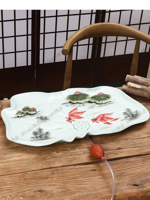 瓷手繪荷花功夫茶茶盤小排水式小型潮汕家用單獨盤陶瓷大托盤-Misaki精品