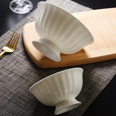 純白骨瓷高腳碗防燙單個碗高足飯碗陶瓷粥碗面碗湯碗浮雕餐具純色