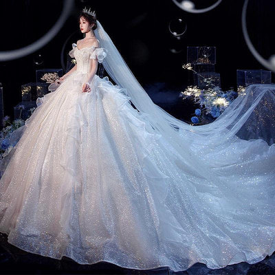 hs主婚紗2021新款顯瘦簡約大碼一字肩新娘孕㛿氣質超僊夢幻星空拖尾 WXW2