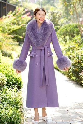 高端紫色皮草毛領氣質大衣毛呢女秋冬季新款羊毛外套長款   妃
