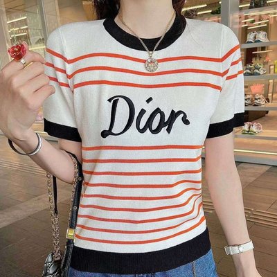 MOMO優選#DIOR 夏季新款條紋提花針織短袖上衣撞色條紋元素顯白利器
